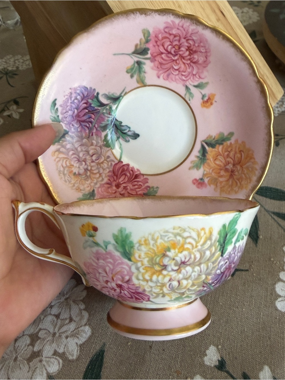 Vintage Paragon Fine Bone China Pink Chrysanthemum Teacup & Saucer Set